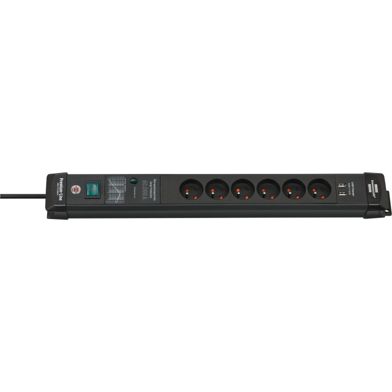 Premium-Line 60.000A listwa przepięciowa z funkcją ładowania USB 6-gniazda czarna 3m H05VV-F 3G1.5 *BE*