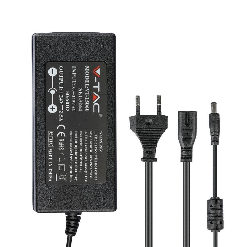 Zasilacz LED V-TAC desktop 60W 24V 2,5A IP44 wtyczkowy desktop z przewodami VT-25060