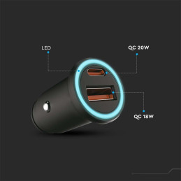 Samochodowa ładowarka do zapalniczki V-TAC USB 12-24V 18W+USB-C 20W VT-5318