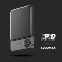 Power bank V-TAC 5000mAh szary magnetyczny 9mm aluminium lightning LCD szybki 20W V-TAC VT-50005-SG