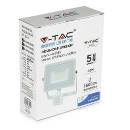 Projektor LED V-TAC 20W SAMSUNG CHIP czujnik ruchu funkcja cut-OFF biały VT-20-S-B 3000K 1600lm 5 lat gwarancji
